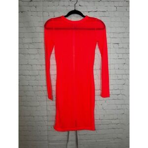 Mistress Rocks Quest Neon Coral Ribbed Mesh Long Sleeve Bodycon Mini Dress S NEW